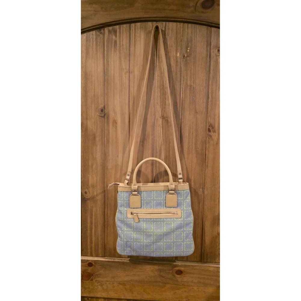 Liz Claiborne Tote Handbag Womens Blue‎ Geometric Canvas Leather Trim Classic